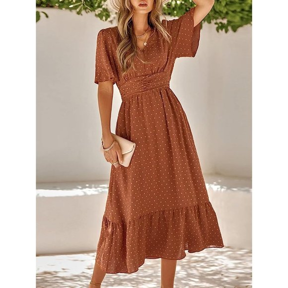 IFFEI Summer Maxi Dress V Neck Chiffon Ruffle Sleeve Swiss Dots A-Line Dress - Picture 2 of 7